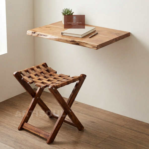 Home Office Set — Wall-Mounted Live Edge Table + Folding Stool