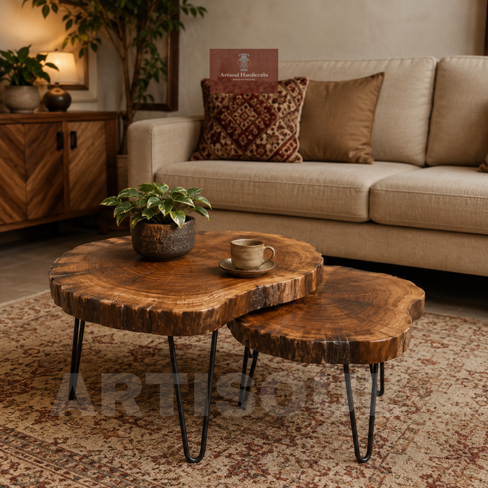 Artisoul handmade live edge nesting table styled for a modern home