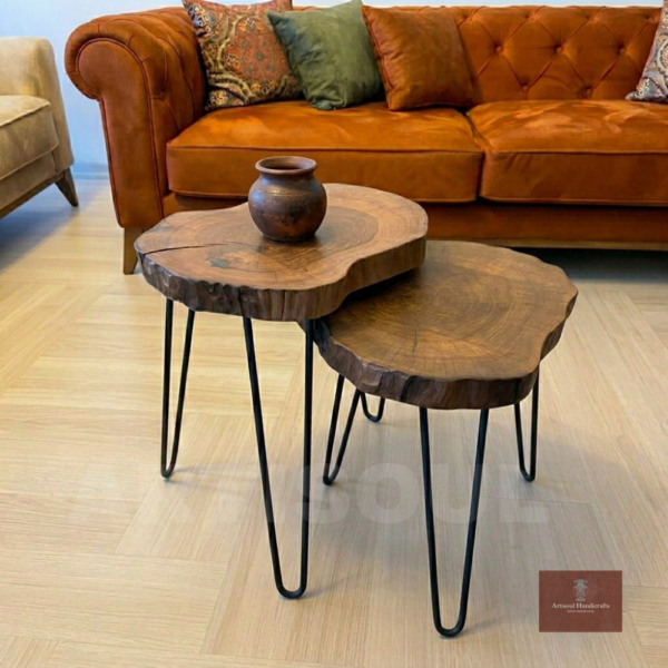 Artisoul live edge coffee table in solid Sheesham or Acacia wood with black hairpin legs, available single or as nesting sets