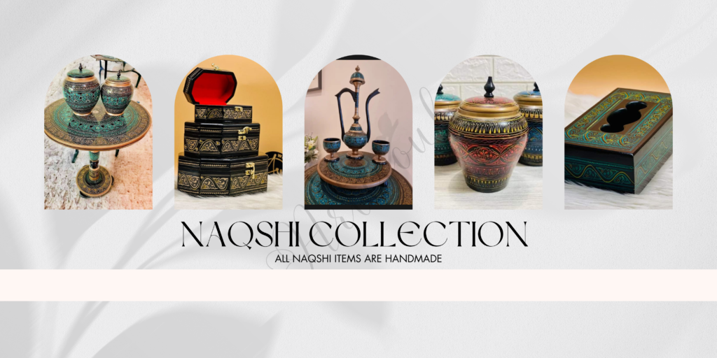 Artisoul Naqshi collection with decorated jars, boxes and traditional wooden pieces