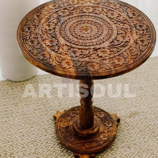 Hand-Carved Round Accent Table — 18 Inch